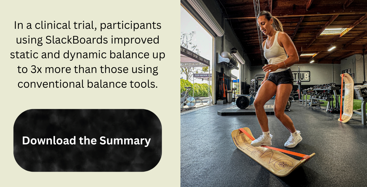 Clinical trial summary beside a fitness athlete training on a GIBBON SlackBoard