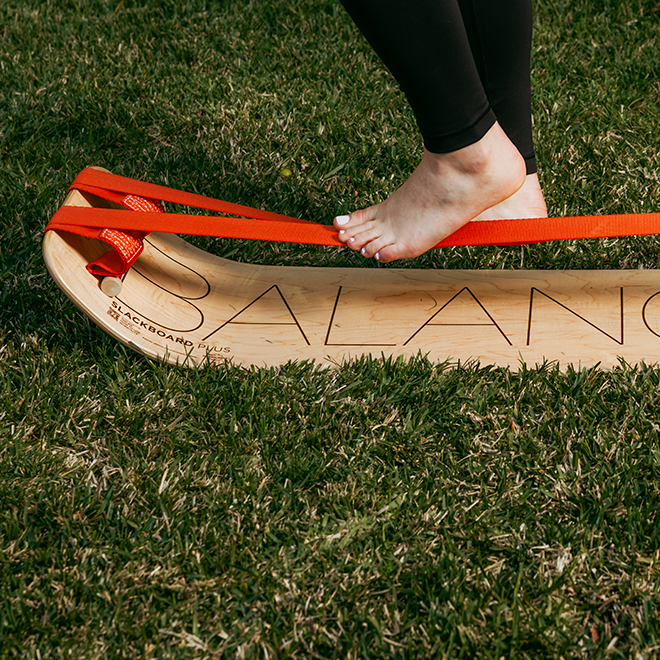 Two people balancing together on a SlackBoard