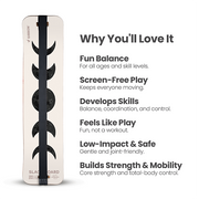 Wooden Moon SlackBoard on a white background with text written out for why you'll love it