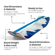 Wooden Mountain SlackBoard on a white background with text written out for its product specs