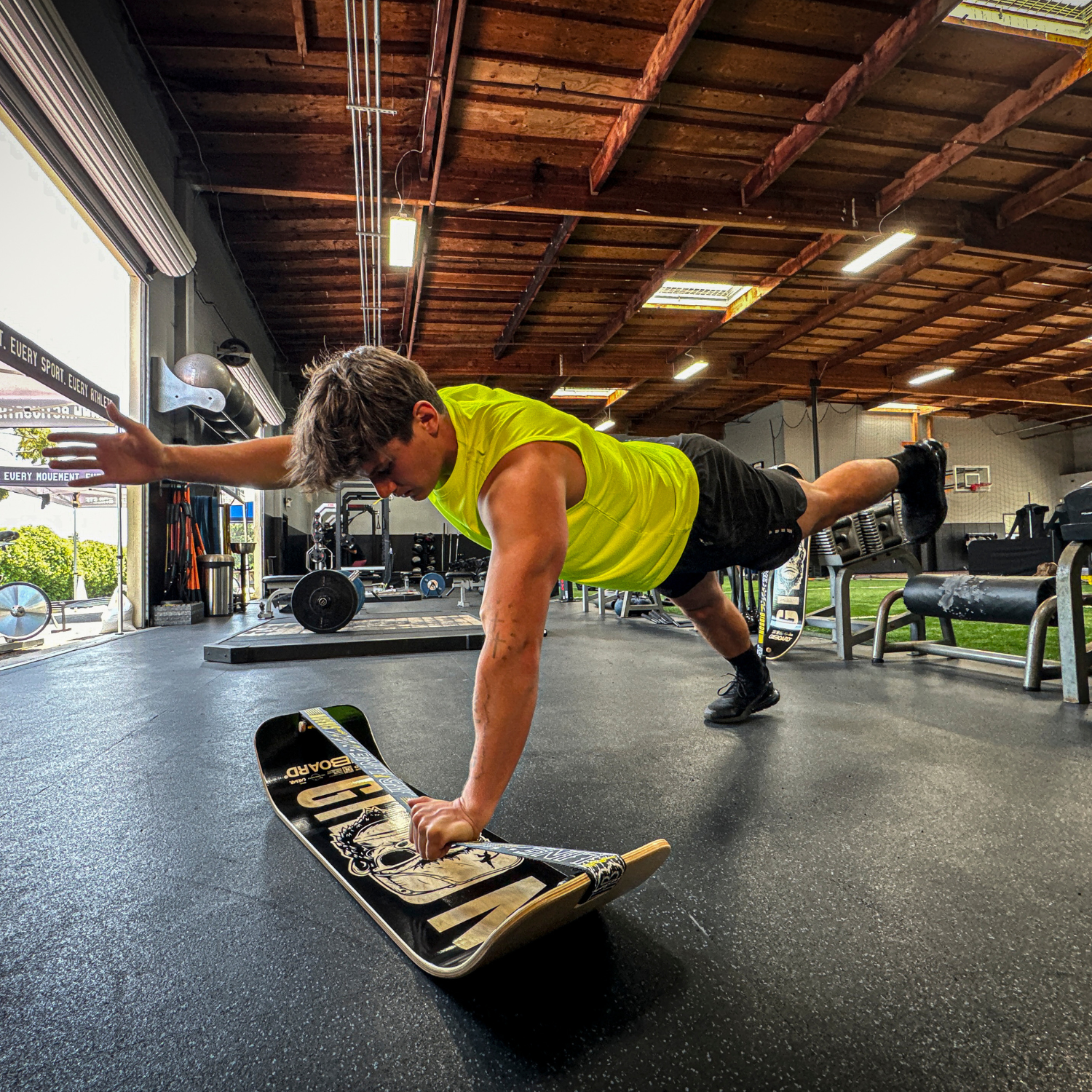 Clinical trial summary beside an athlete training on a GIBBON SlackBoard
