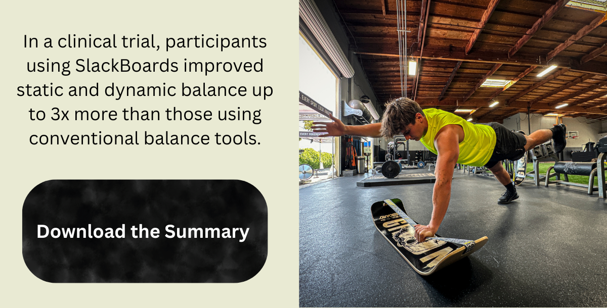 Clinical trial summary beside an athlete training on a GIBBON SlackBoard