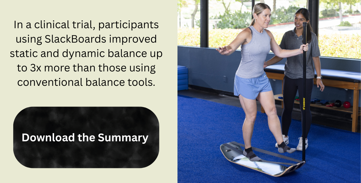 Clinical trial summary beside a patient using a GIBBON SlackBoard with a physical therapist